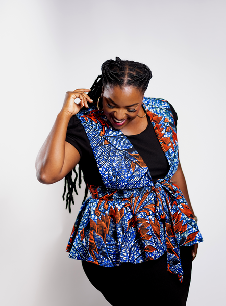 Blue, Burnt Orange, Black and White Tied Waist Coat