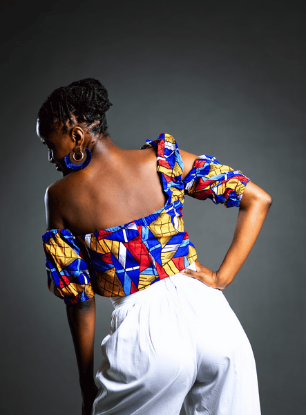 Blue, Orange, Red and White Geometric Top