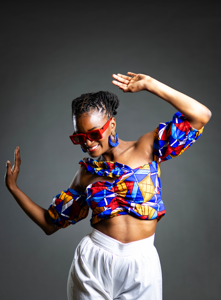 Blue, Orange, Red and White Geometric Top