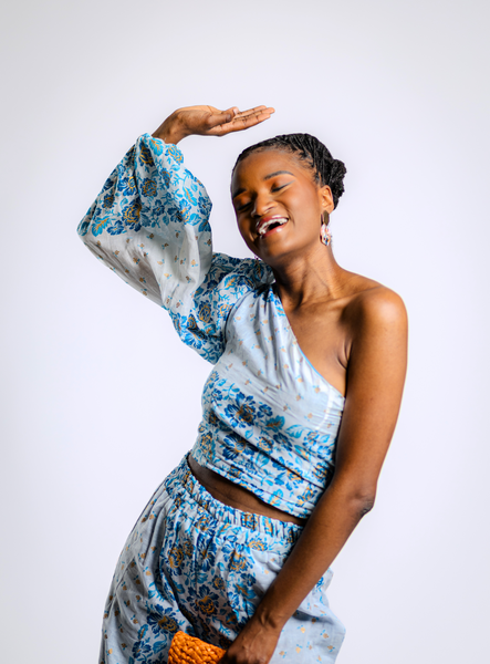 Blue and White Floral Two Piece Set, One Sleeve top with Wide Leg Pants