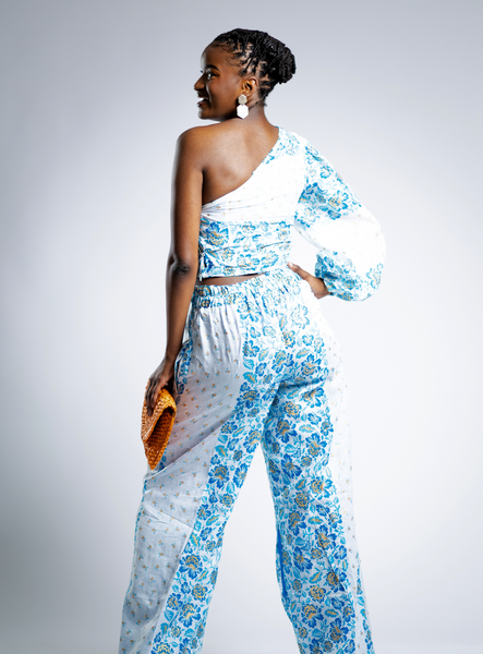 Blue and White Floral Two Piece Set, One Sleeve top with Wide Leg Pants