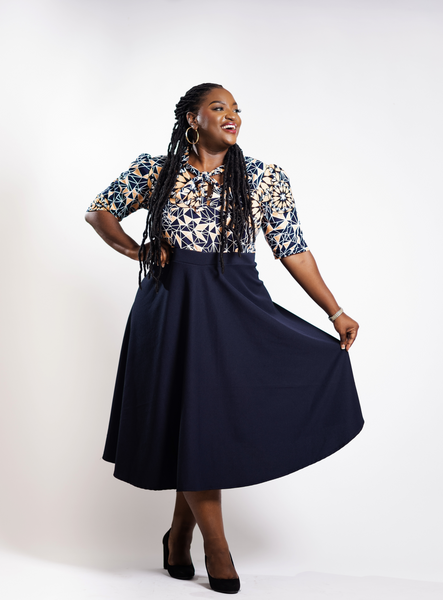 Cream and Navy-Blue Patterned Dress