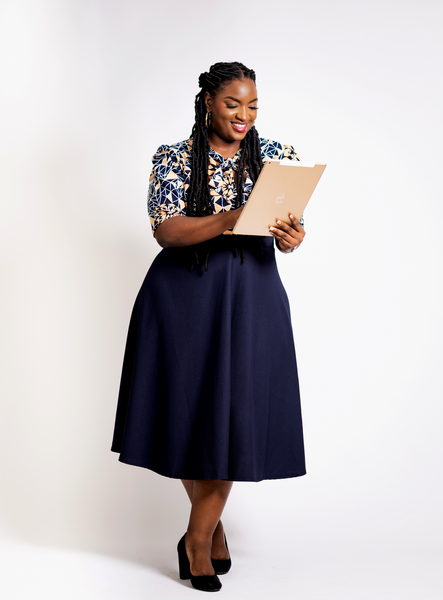 Cream and Navy-Blue Patterned Dress