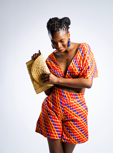 Red, Blue, Yellow and Gold Madras Print Two Piece Short Set