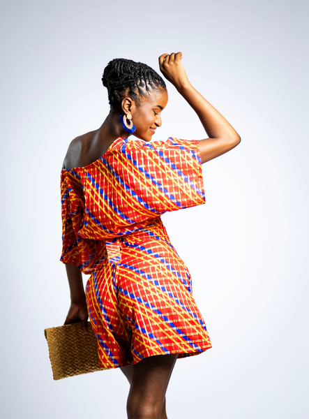 Red, Blue, Yellow and Gold Madras Print Two Piece Short Set