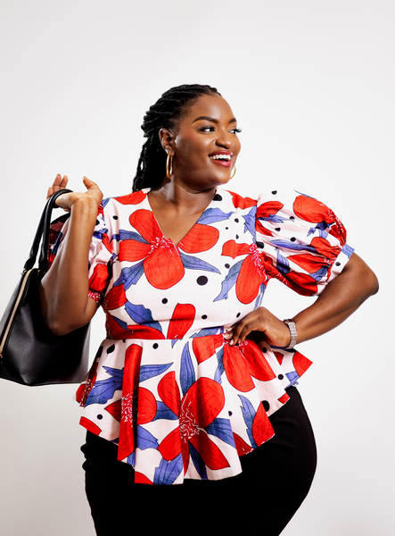 Red, Blue and White Floral Puffed Sleeve Top