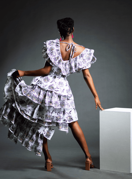 White and Grey Floral Two Piece Top and Skirt Set