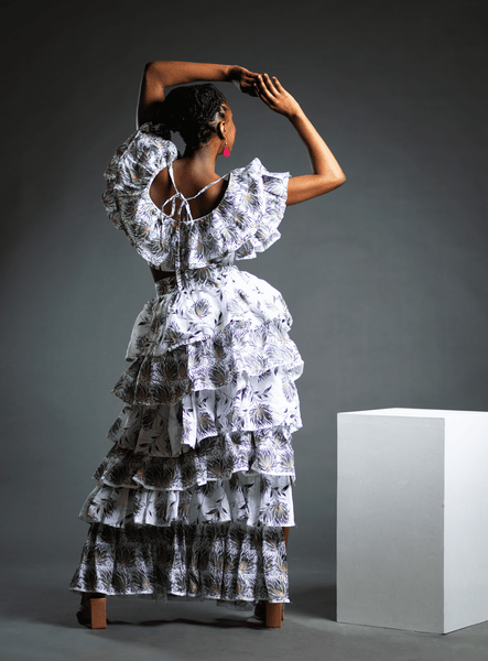 White and Grey Floral Two Piece Top and Skirt Set