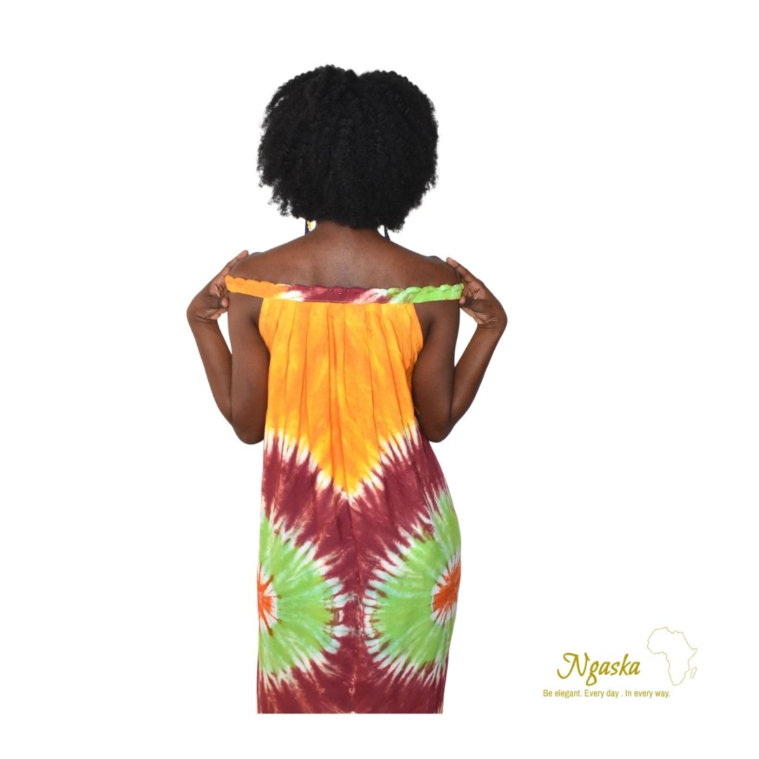 Yellow Green Orange & Dark Red Off-Shoulder Tie Dye Dress TDD2 Yellow Green Orange & Dark Red Off-Shoulder Tie Dye Dress TDD2