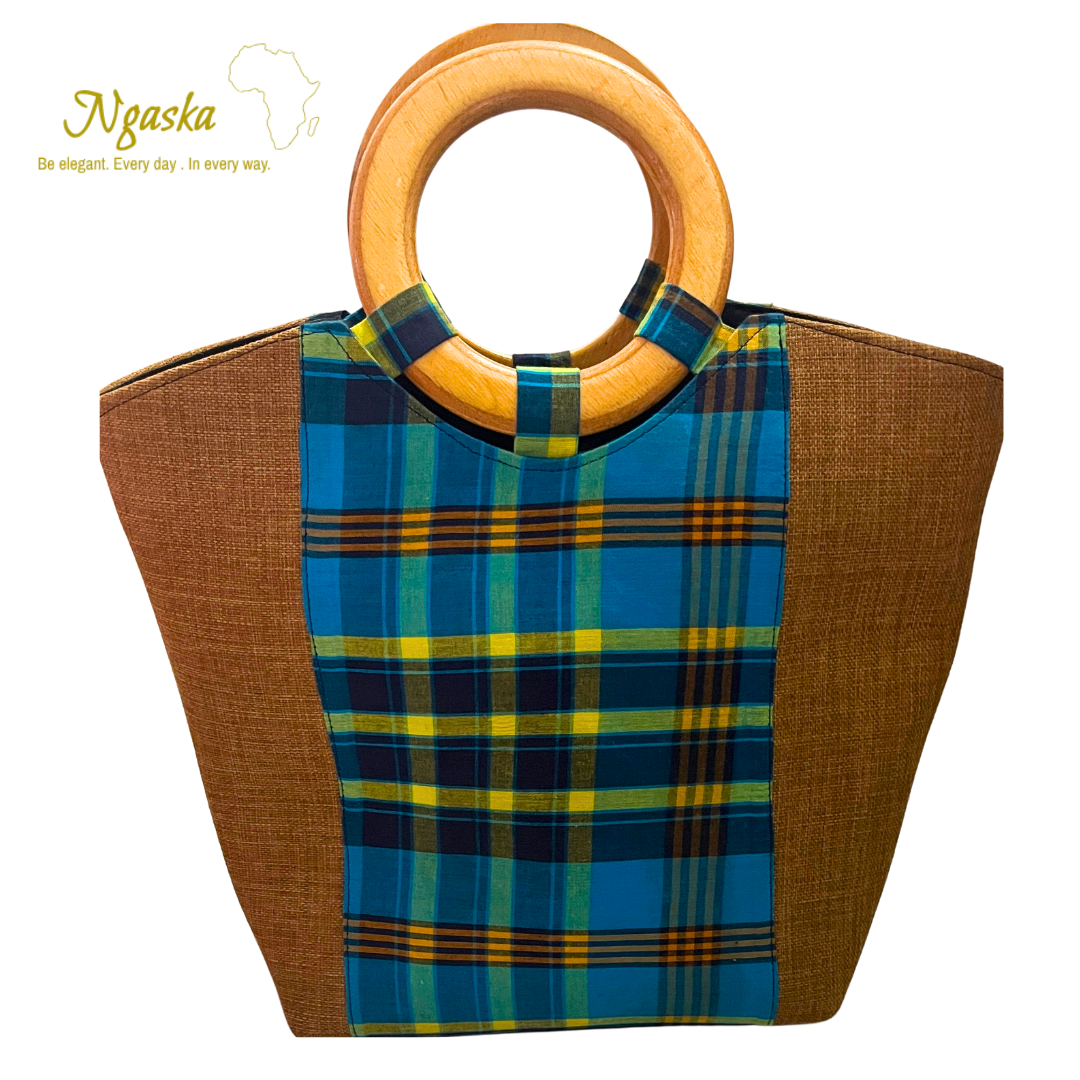 Large Teal Madras Bag Brown  - B2