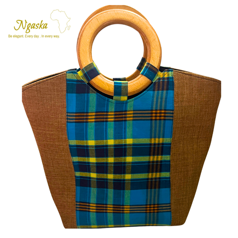 Large Teal Madras Bag Brown  - B2