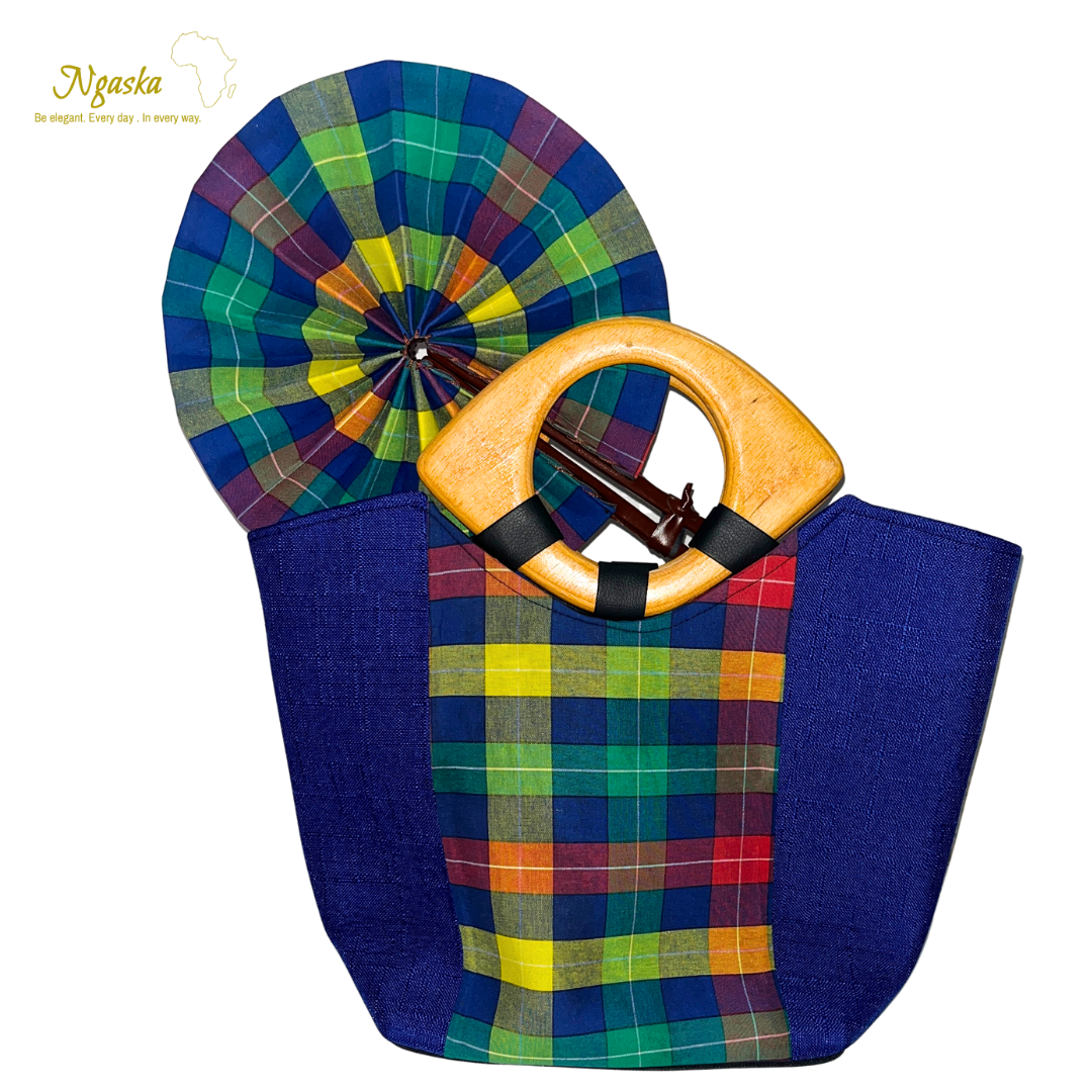 Large Bag and Fan Blue Madras Set  - BF1