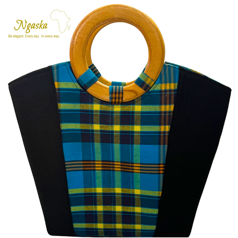 Large Teal Madras Bag Black  - B1