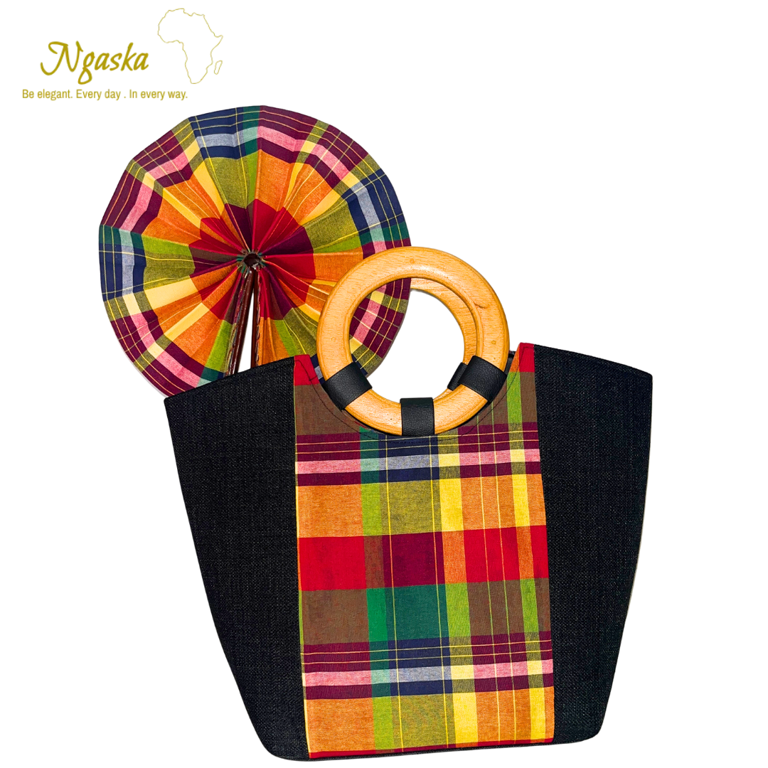 Large Bag and Fan Black Madras Set  - BF3