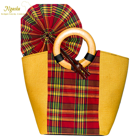 Large Bag and Fan Yellow Madras Set  - BF5