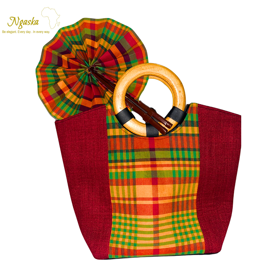 Large Bag and Fan Burgundy Madras Set  - BF4