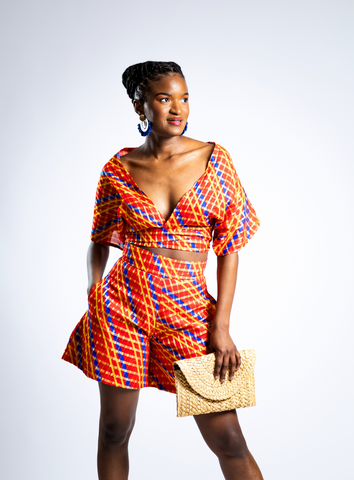 Red, Blue, Yellow and Gold Madras Print Two Piece Short Set