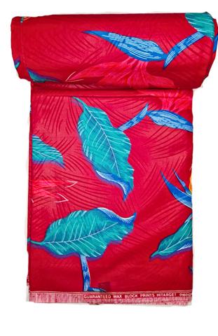 Teal Tropical Leaves on Crimson Print - CA351
