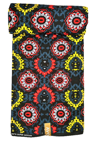 Dark Grey Print with Red and Yellow Spiral Flowers- CA397