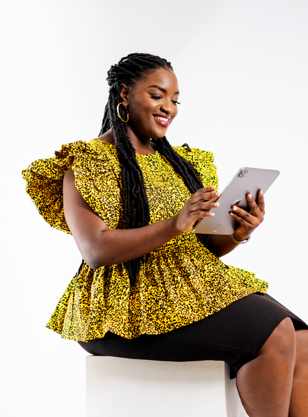 Yellow and Black Leaf Patterned Flared Sleeve Top