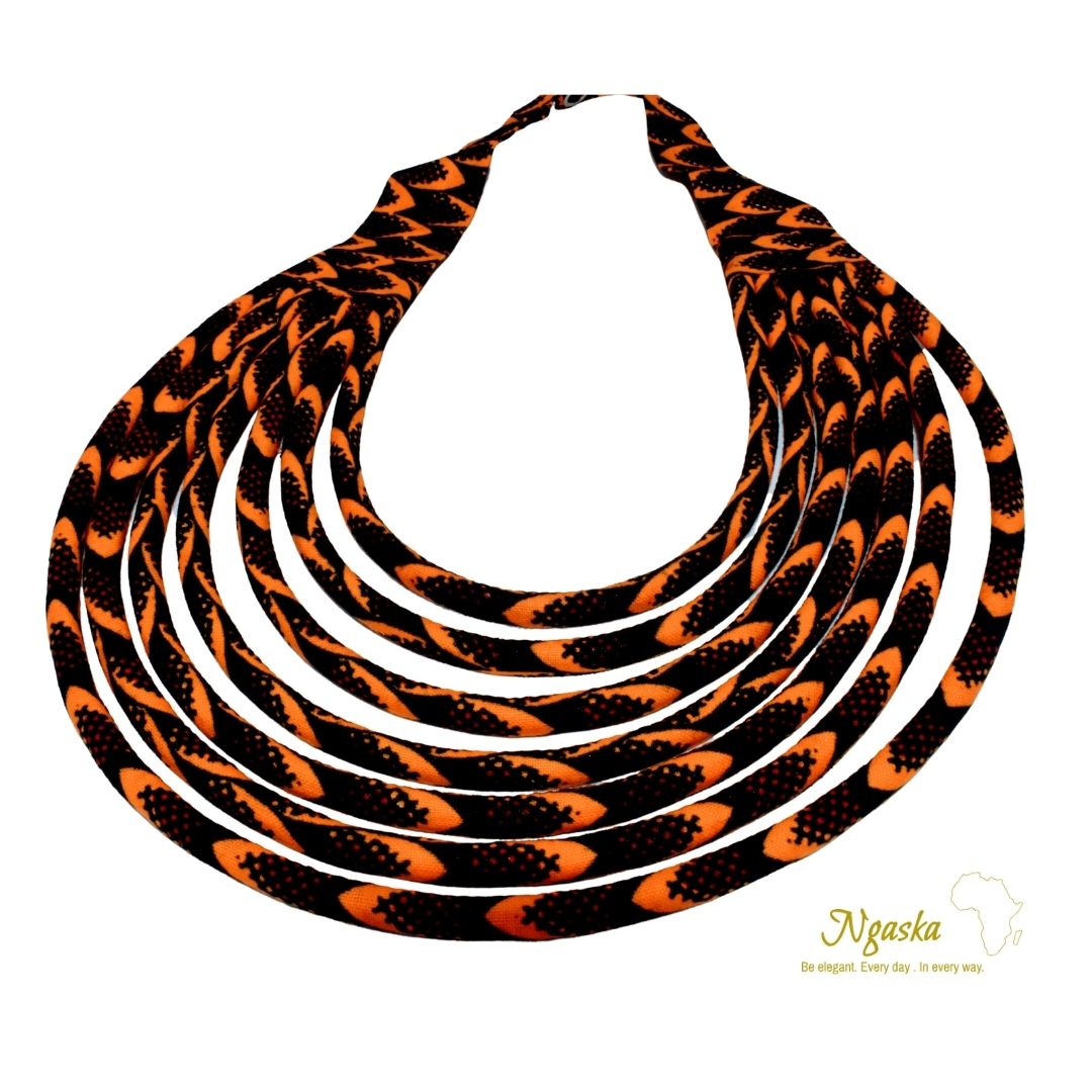 Makeba Purple, Butterscotch Yellow and Black Feather Ankara African Wax Necklace - MB7