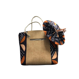 Large Tan African Print Handbag with Assorted Handfan- LBF-16
