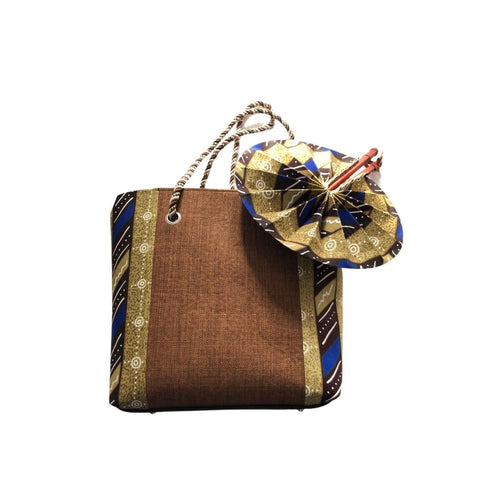 Large Brown African Print Handbag with Assorted Handfan - LBF-14