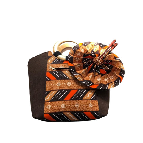 Large Dark Brown African Print Handbag with Assorted Handfan