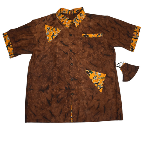 African Shirt for Men Kola Nut Brown Fabric Short Sleeves Shirt - MS2