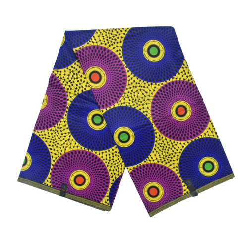 African print purple yellow and blue circles 
