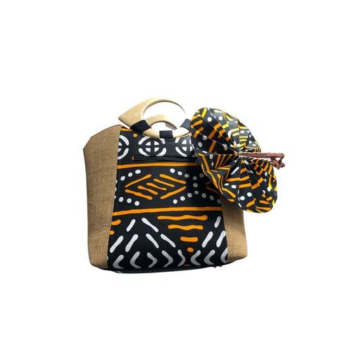 Large Tan African Print Handbag with Assorted Handfan - LBF-5