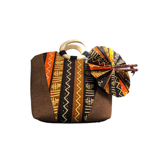 Large Brown African Print Handbag with Assorted Handfan - LBF-7