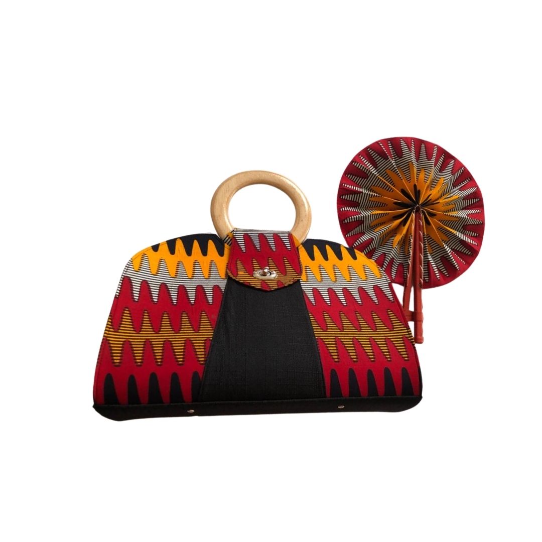 Small Red and Yellow African Print Handbag with Assorted Handfan - SBF-1