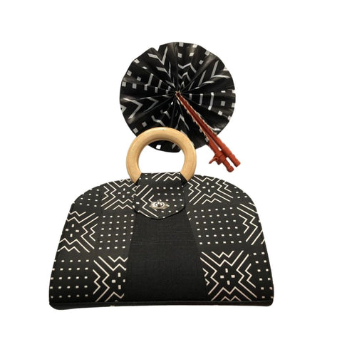Small Black and White African Print Handbag with Assorted Handfan - SBF-2