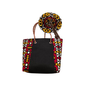 Large Red Geometric African Print Handbag with Assorted Handfan - LBF-13