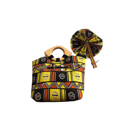 Large Yellow and Orange African Print Handbag with Assorted Handfan - LBF-9