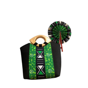 Large Black and Green African Print Handbag with Assorted Handfan  - LBF-12