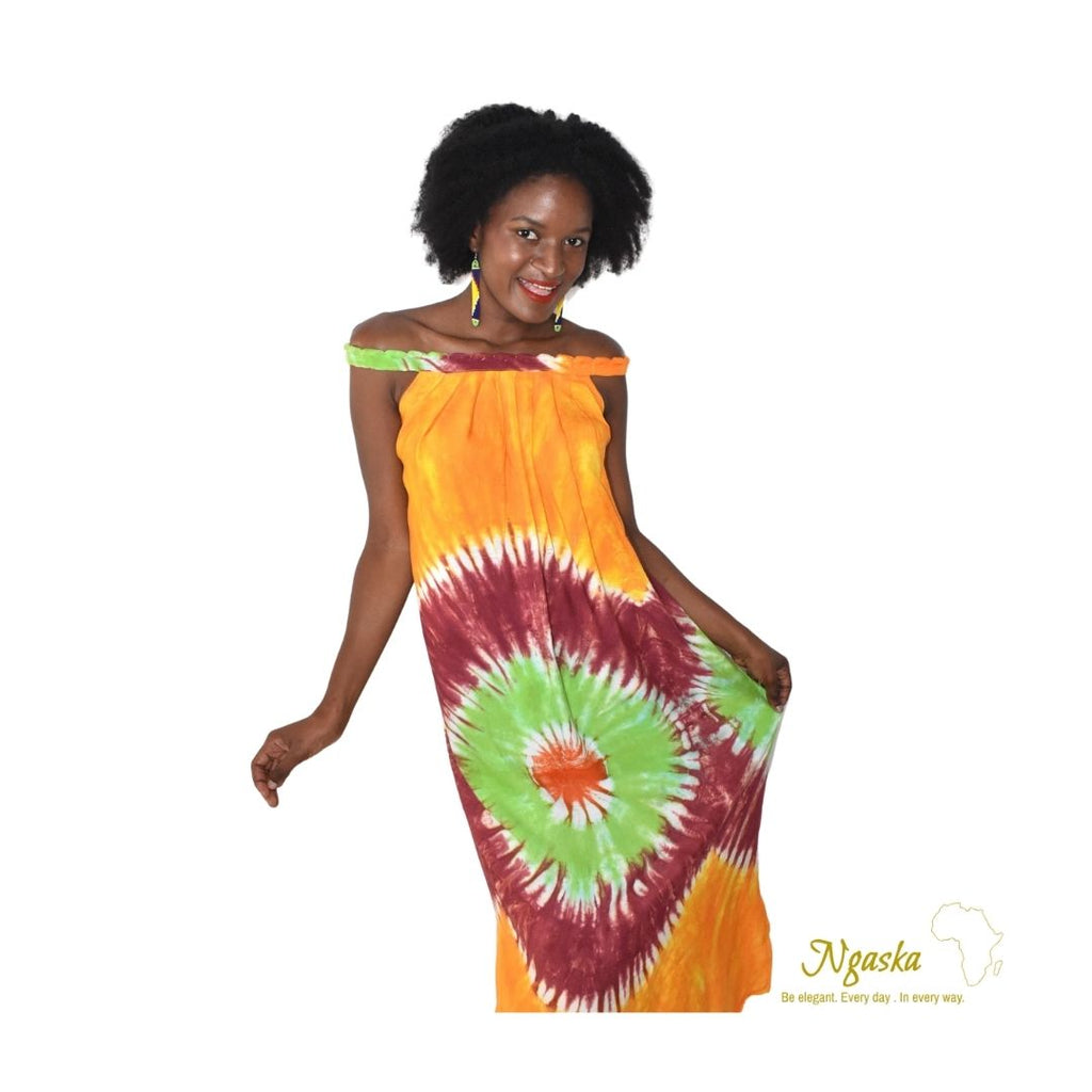 Yellow Green Orange Dark Red Off Shoulder Tie Dye Dress TDD2