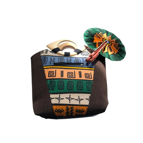 Large Dark Brown African Print Handbag with Assorted Handfan - LBF-6