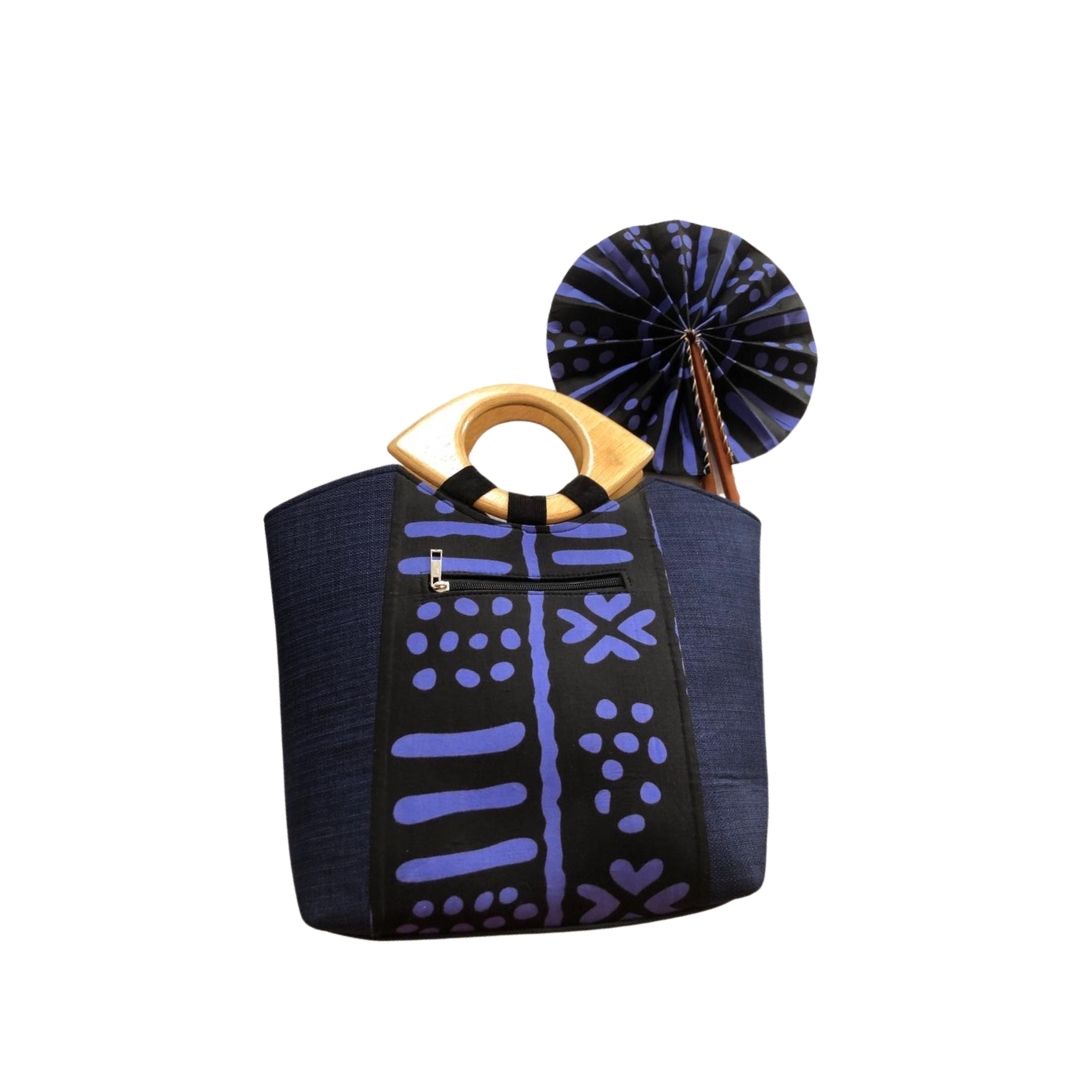 Large Blue African Print Handbag with Assorted Handfan - LBF-2