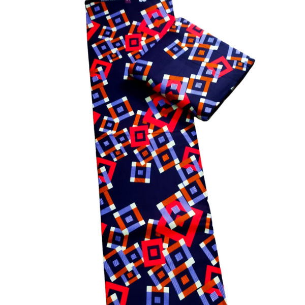 Navy Blue with Red and Light Blue Squares African Print  - CA307