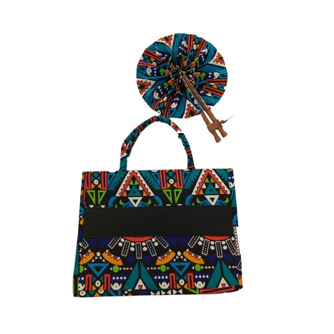 Medium Teal Multicolored African Print Handbag with Assorted Handfan- MBF-4
