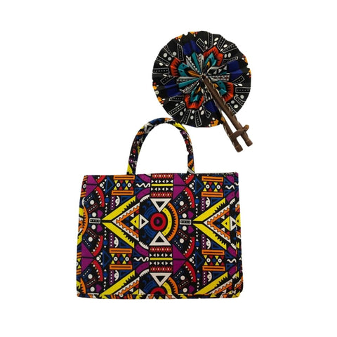 Medium Purple Multicolored African Print Handbag with Assorted Handfan- MBF-5