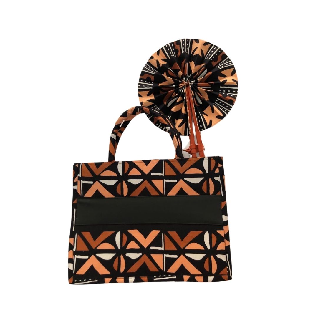 Medium Pink, Brown and White African Print Handbag with Assorted Handfan - MBF-1