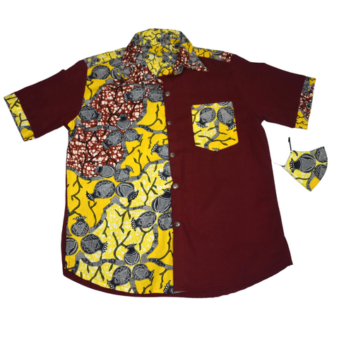 African Shirt Short Sleeves for Men Burgundy and Yellow Flowers - MS6