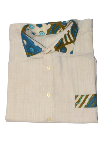 African Shirt Cream with Blue and Yellow Patterned Trim - MS16