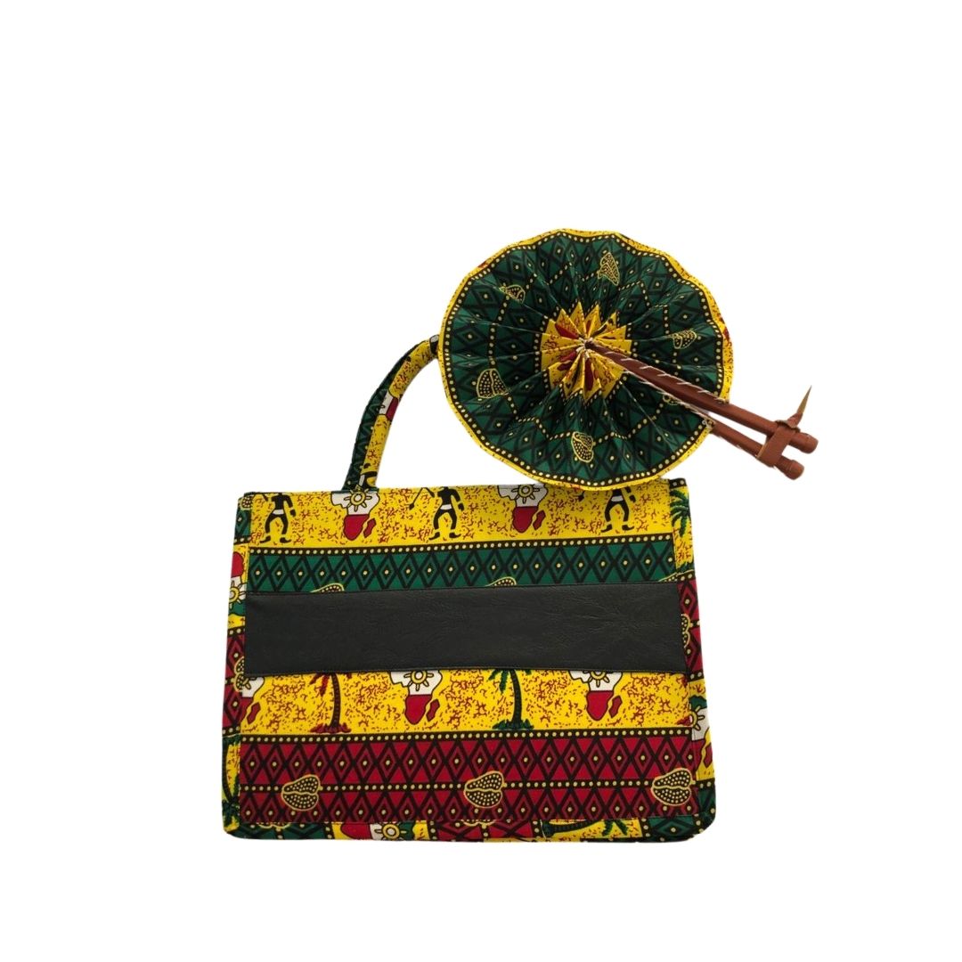 Medium Yellow, Green and Red African Print Handbag with Assorted Handfan- MBF-3