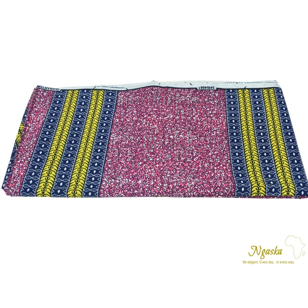 African Wax, Yellow, Rose and Dark Blue Flowery Stripes - CA 17