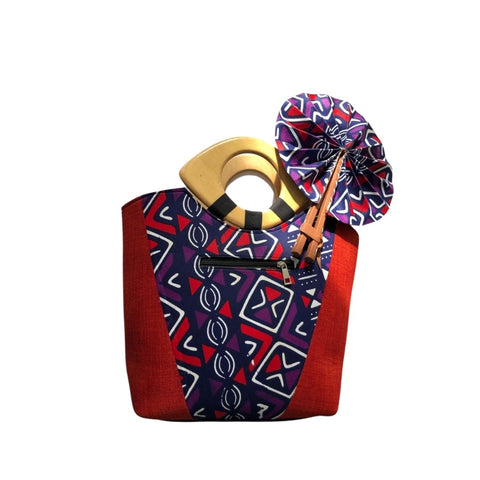 Large Red African Print Handbag with Assorted Handfan - LBF-3