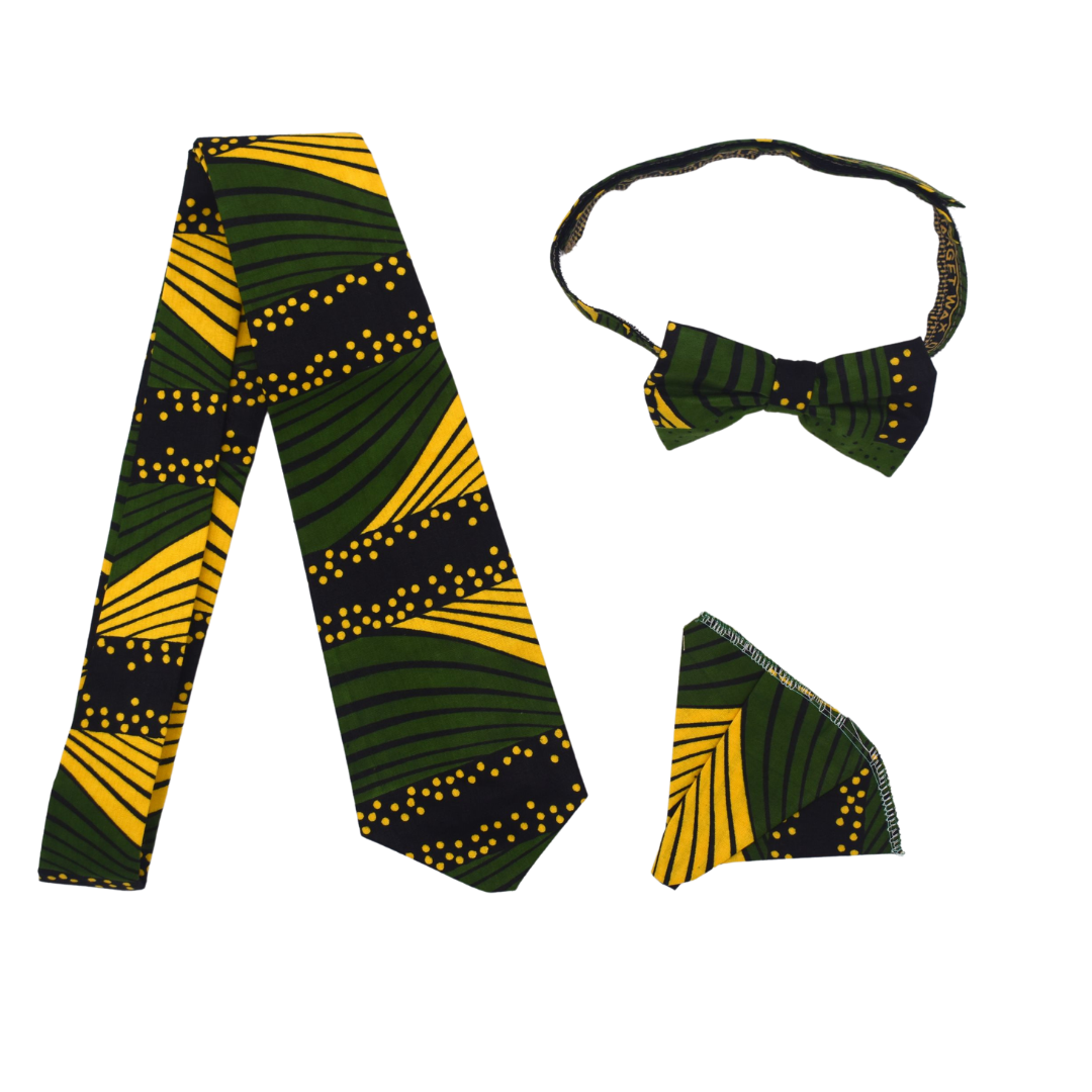 African print bow tie and neck tie for men, yellow and green